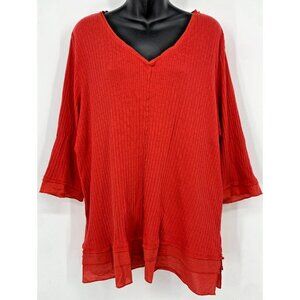 Soft Surroundings Women Top Plus Size 1X Red 3/4 Sleeve Flowy V-Neck Pullover